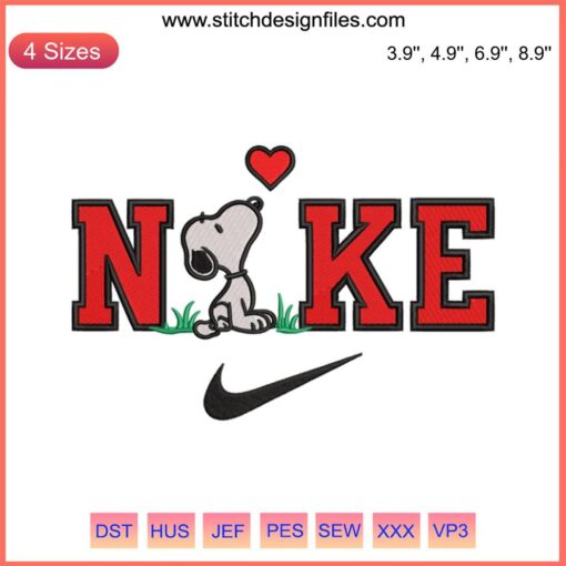 Snoopy holding heart Nike embroidery design, Valentine's Day digital stitching pattern featuring beloved Peanuts character.