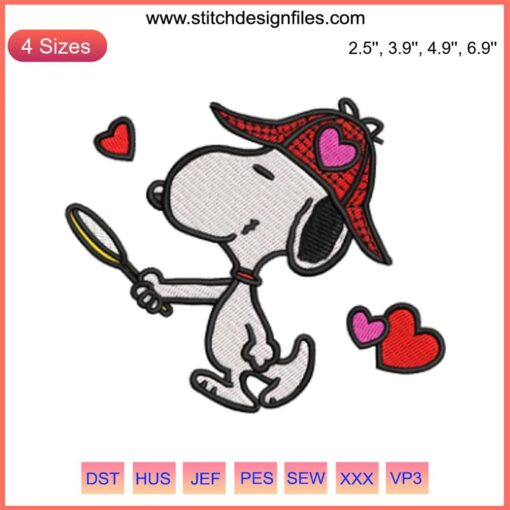 Snoopy with Magnifying Glass Embroidery Design | Playful Valentine Snoopy Stitching Design | Cute Digital Embroidery Art