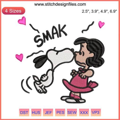 Snoopy Kissing Lucy Embroidery Design, Peanuts Valentine Digital Stitching, Cute Romantic Cartoon, Perfect for DIY Craft Projects.