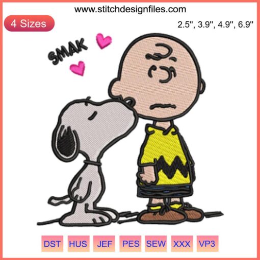 Snoopy and Charlie Brown Valentine Embroidery Design, Peanuts Digital Stitching, Heart Kiss Pattern, Cute Love Illustration
