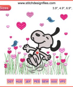 Snoopy Garden Hearts Love Embroidery Design: Cute Valentine Stitch featuring Snoopy with hearts, perfect for embroidery enthusiasts.