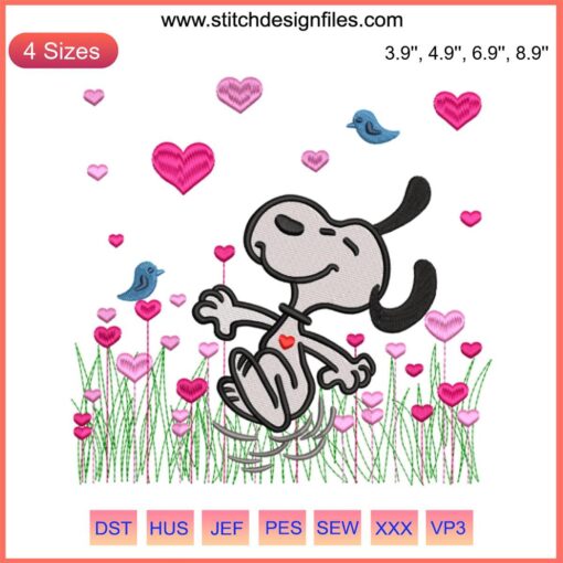 Snoopy Garden Hearts Love Embroidery Design: Cute Valentine Stitch featuring Snoopy with hearts, perfect for embroidery enthusiasts.