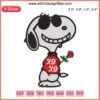 Snoopy Valentine Embroidery: Snoopy holding a rose design, digital stitching pattern, Xoxo theme, perfect for romantic crafts.