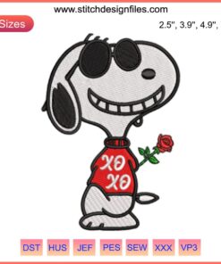 Snoopy Valentine Embroidery: Snoopy holding a rose design, digital stitching pattern, Xoxo theme, perfect for romantic crafts.