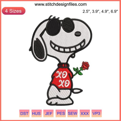 Snoopy Valentine Embroidery: Snoopy holding a rose design, digital stitching pattern, Xoxo theme, perfect for romantic crafts.