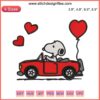 Snoopy driving a vintage red car with heart accents embroidery design, perfect for Valentine's Day digital stitching projects.