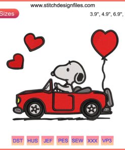 Snoopy driving a vintage red car with heart accents embroidery design, perfect for Valentine's Day digital stitching projects.