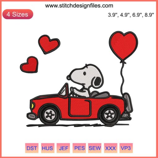 Snoopy driving a vintage red car with heart accents embroidery design, perfect for Valentine's Day digital stitching projects.