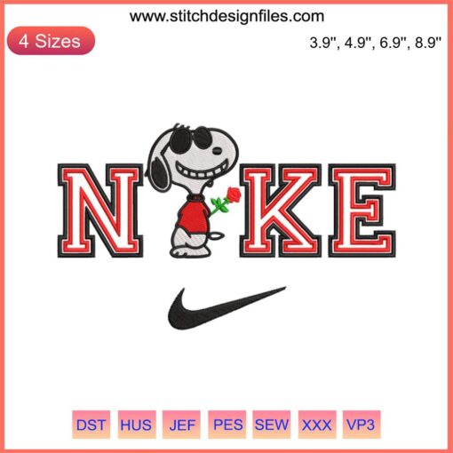 Snoopy holding a rose embroidery design, perfect for Valentine's stitching projects. Nike Snoopy Valentine digital embroidery.