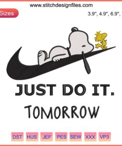Snoopy Nike Just Do It Tomorrow Embroidery Design featuring Snoopy & Woodstock in digital stitching for unique apparel crafting.