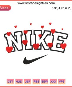 Nike red hearts embroidery design, Valentine logo, digital stitching, romantic theme, unique Nike branding, stylish heart motif.