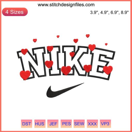 Nike red hearts embroidery design, Valentine logo, digital stitching, romantic theme, unique Nike branding, stylish heart motif.