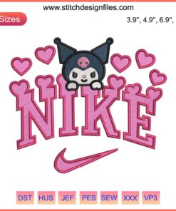 Nike Kuromi Hearts Embroidery Design features Sanrio character Kuromi with heart motifs, perfect for Valentine digital stitching.