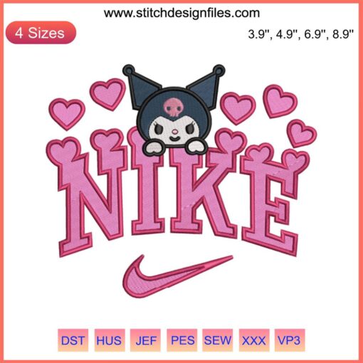 Nike Kuromi Hearts Embroidery Design features Sanrio character Kuromi with heart motifs, perfect for Valentine digital stitching.