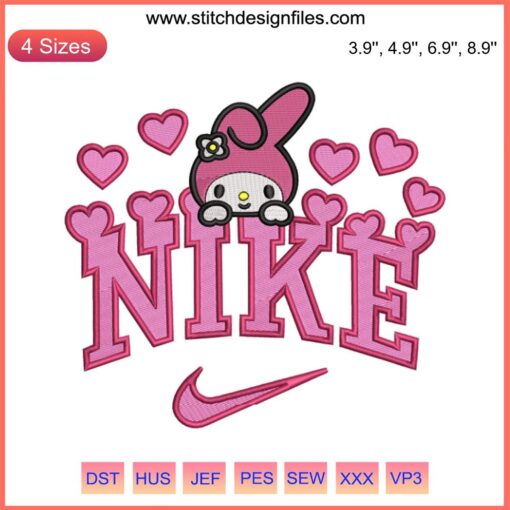 Nike My Melody Hearts Embroidery Design featuring Sanrio Valentine's Day theme with cute heart patterns and My Melody character.