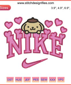 Pompompurin hearts embroidery by Nike for Valentine's. Sanrio digital stitching design perfect for custom apparel and gifts.