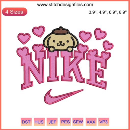 Pompompurin hearts embroidery by Nike for Valentine's. Sanrio digital stitching design perfect for custom apparel and gifts.