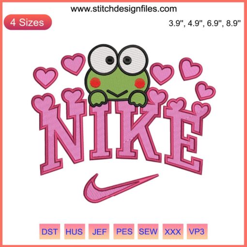 Keroppi Hearts Embroidery Design featuring Sanrio's lovable frog, perfect for Valentine-themed digital stitching projects.