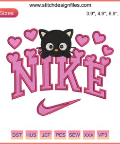 Nike Chococat Hearts Embroidery Design: Sanrio Valentine's Day digital stitching, featuring playful Chococat with heart-shaped accents.