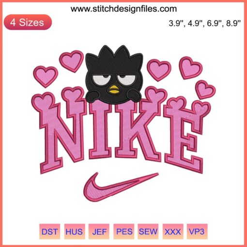 Nike Badtz Maru Valentine's Hearts Embroidery Design, Sanrio Digital Stitching, Cute Cartoon Character with Heart Motifs.