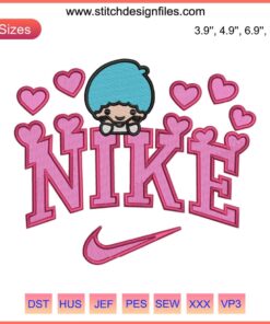 Nike Kiki Sanrio Hearts Embroidery Design featuring Little Twin Stars Kiki and Lala, digital stitching art, cute kawaii design.