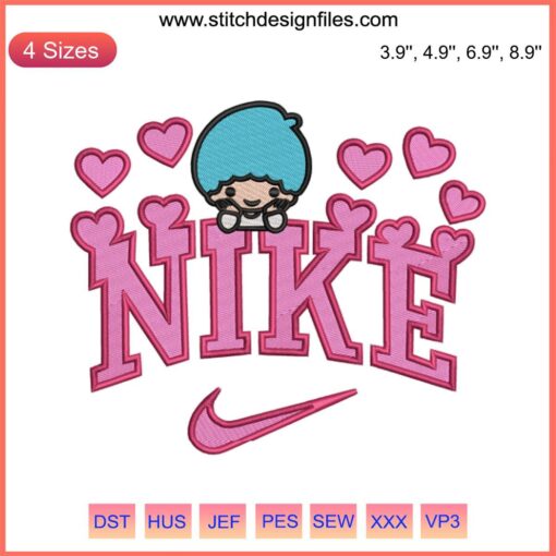 Nike Kiki Sanrio Hearts Embroidery Design featuring Little Twin Stars Kiki and Lala, digital stitching art, cute kawaii design.