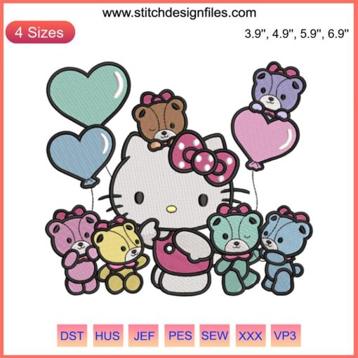 Hello Kitty and Teddy Bears Embroidery Design | Cute Sanrio Digital Stitching for Crafting & Sewing Projects