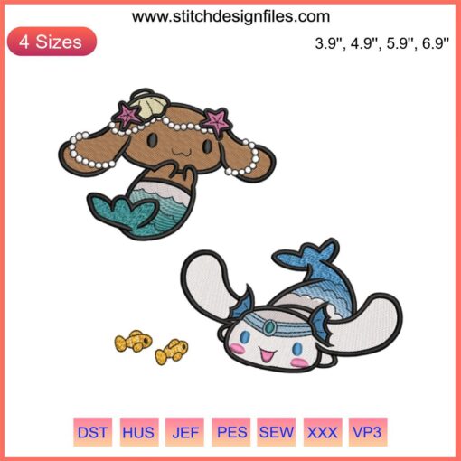 Cinnamoroll and Mocha Mermaids Embroidery Design | Cute Sanrio Mermaids in Elegant Stitching Patterns | Digital Art