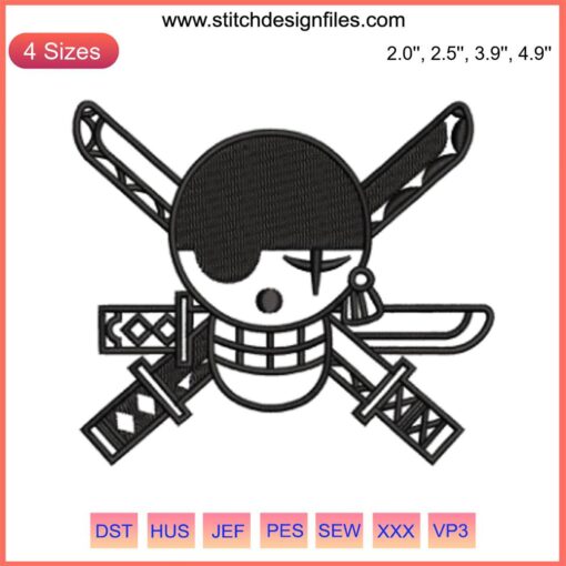 "Zoro Logo Black Embroidery | One Piece Digital Stitch | Anime Crest Design"