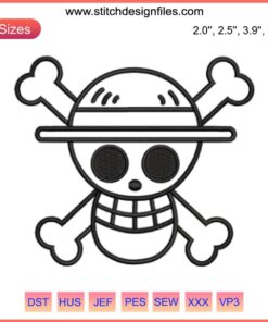 One Piece Luffy Logo Black Embroidery Design | Anime Digital Stitching | Pirate Symbol | Intricate Craftsmanship