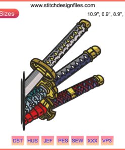 Three Swords Zoro One Piece Embroidery, anime digital stitching design featuring Zoro with his iconic swords.