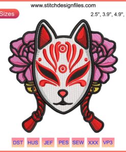 Japanese Kitsune Mask Embroidery | Digital Fox Mask Design | Intricate Stitching Pattern | Cultural Art Embroidery Design