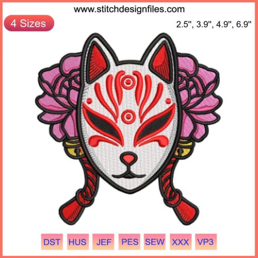 Japanese Kitsune Mask Embroidery | Digital Fox Mask Design | Intricate Stitching Pattern | Cultural Art Embroidery Design