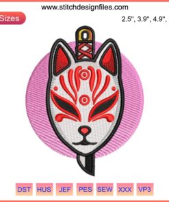 Kitsune Mask Katana Embroidery Design: Detailed fox face with katana motifs, digital stitching art, perfect for embroidery enthusiasts.