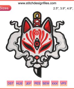 "Sakura Sword & Kitsune Mask Embroidery Design | Japanese Kitsune Mask Digital Stitching, Cherry Blossoms, Unique Pattern"