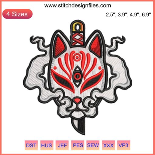 "Sakura Sword & Kitsune Mask Embroidery Design | Japanese Kitsune Mask Digital Stitching, Cherry Blossoms, Unique Pattern"