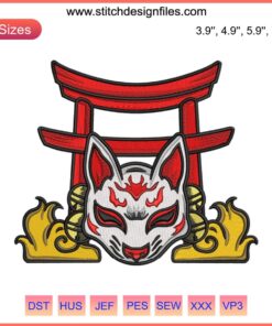Japanese Kitsune Fox Mask Torii Bell Embroidery Design, Digital Stitch, Cultural Symbol, Oriental Art, Craft Pattern, DIY Project