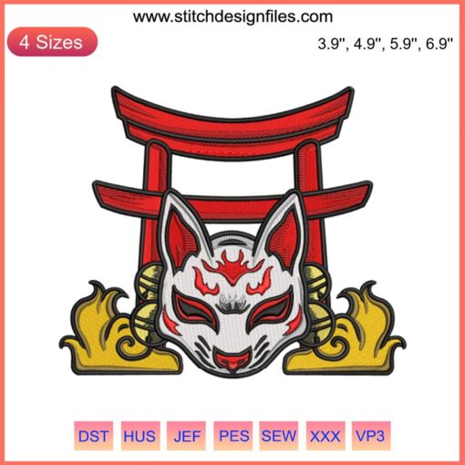 Japanese Kitsune Fox Mask Torii Bell Embroidery Design, Digital Stitch, Cultural Symbol, Oriental Art, Craft Pattern, DIY Project