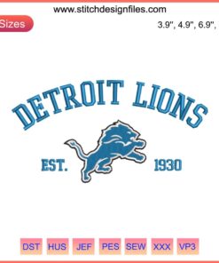 Detroit Lions Est. 1930 NFL Embroidery Design: American Football Digital Stitching, Team Logo, Perfect for Machine Embroidery Projects.