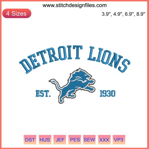 Detroit Lions Est. 1930 NFL Embroidery Design: American Football Digital Stitching, Team Logo, Perfect for Machine Embroidery Projects.