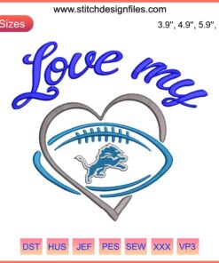 Detroit Lions Embroidery Design: Bold blue lion logo with NFL football theme, perfect for digital stitching projects.