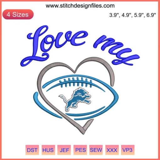 Detroit Lions Embroidery Design: Bold blue lion logo with NFL football theme, perfect for digital stitching projects.