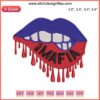 Buffalo Bills dripping lips embroidery design, NFL football stitching, vibrant red and blue colors, sports-themed digital art.