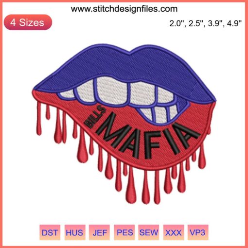 Buffalo Bills dripping lips embroidery design, NFL football stitching, vibrant red and blue colors, sports-themed digital art.