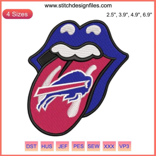 Buffalo Bills NFL tongue embroidery design featuring lips with team logo, perfect for digital stitching projects.