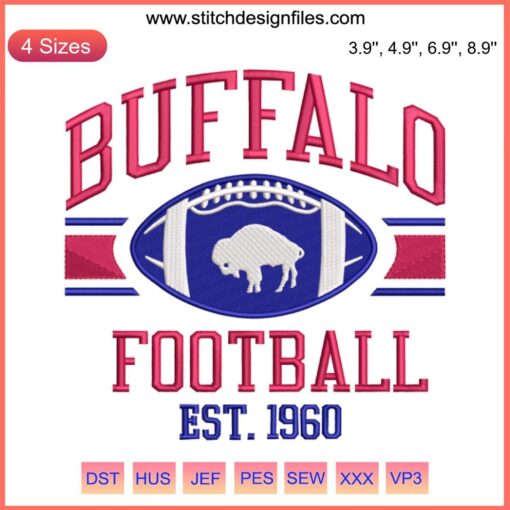 Vintage Buffalo Football EST 1960 Embroidery Design featuring intricate digital stitching, highlighting classic American football heritage.
