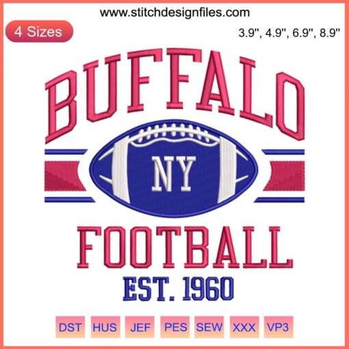 Buffalo NY Football Est. 1960 Embroidery Design featuring Buffalo Bills Digital Stitching, perfect for NFL fans and embroidery projects.
