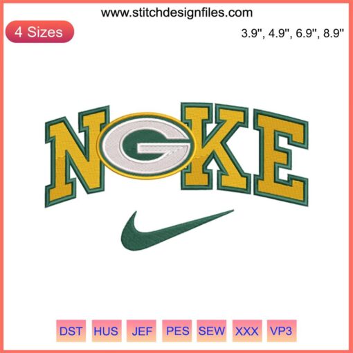 Green Bay Packers x Nike embroidery design, NFL football logo, digital stitching, sportswear branding, team emblem badge.