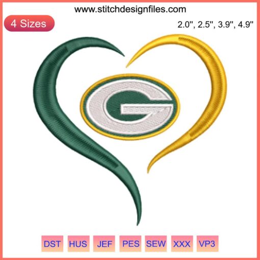 Green Bay Packers Heart Embroidery Design, Football Lover Digital Stitching, NFL Logo, Sports-Themed Embroidery Pattern