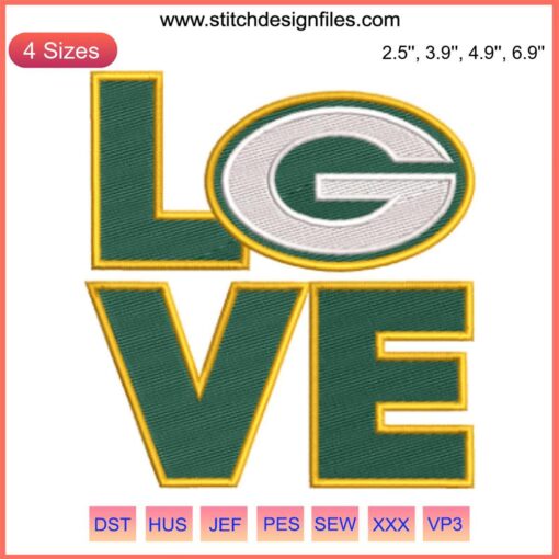 Green Bay Packers Embroidery Design | Heart Shape | Football Stitching | NFL Embroidery Pattern | Digital Download
